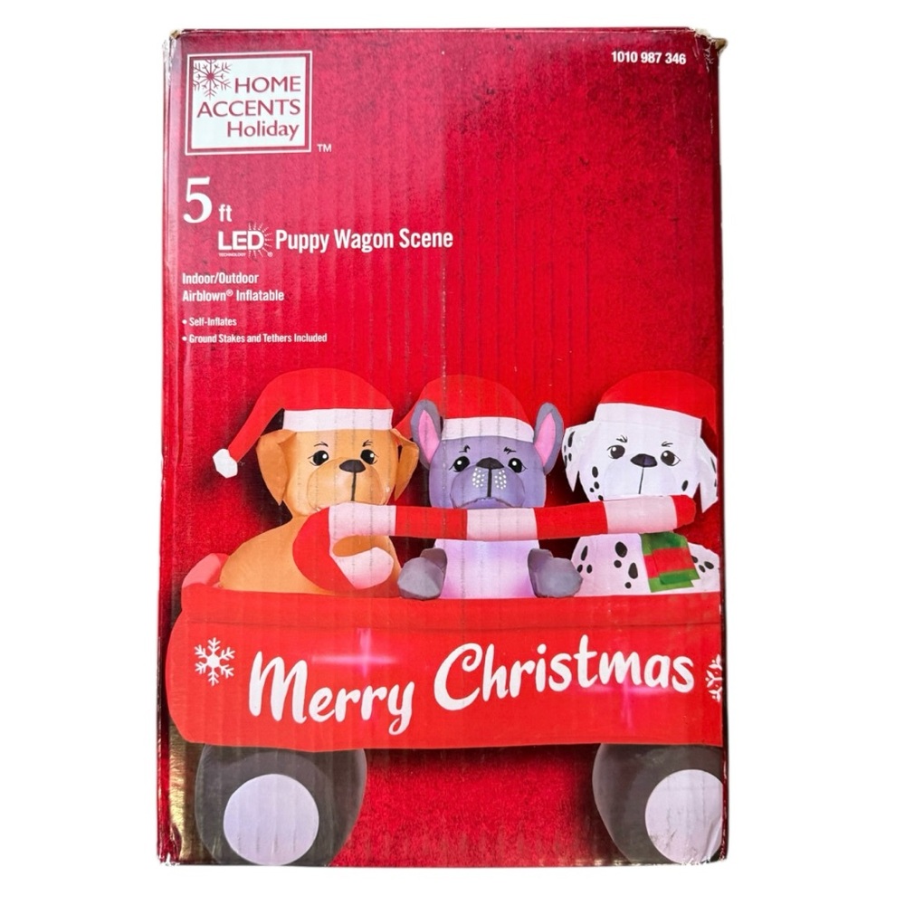 Home Accents Holiday LED Puppy Wagon Christmas Scene Inflatable